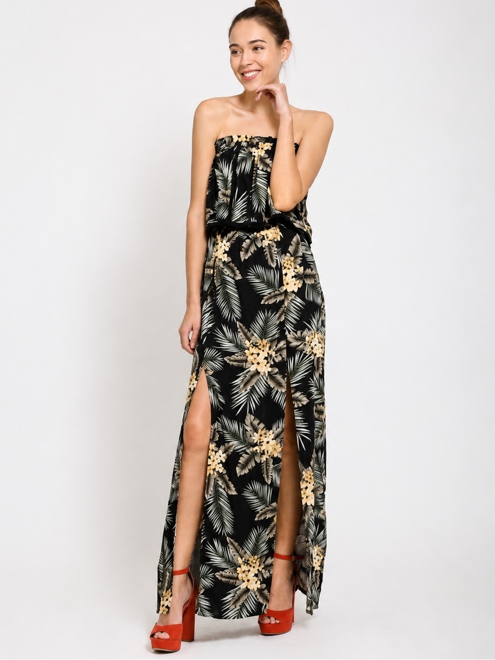 LOVE RICHE Mai Tai Tropical Print Maxi Dress Strapless Tropical  Large